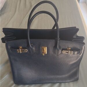 Vintage Birkin Style Handbag Navy Genuine Leather Handmade In Florence Italy